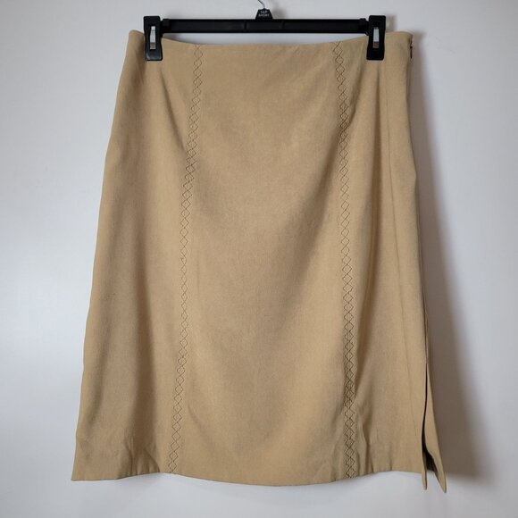 Talbots Faux Suede Beige Stretch Skirt With Subtle Embroidered Detail Side Slit - Picture 1 of 10